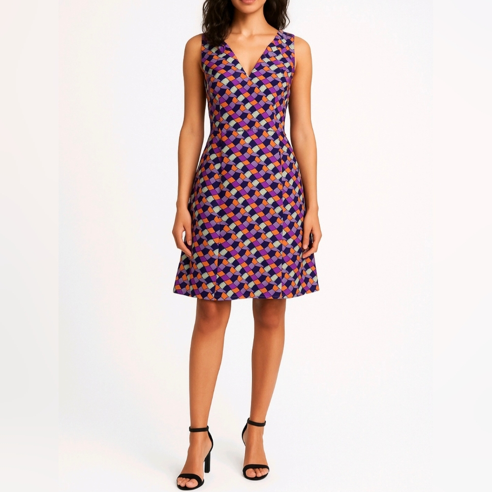 JB by Julie Brown 100% Silk Multicolor Sheath Geometric Print Knee Lengt…